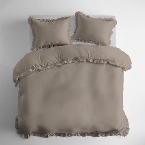 Pościel bawełniana 160x200 +2/70x80 taupe z falbanką ciemnobeżowa