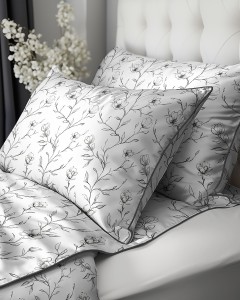 Pościel perkalowa 160x200 Line Art Botanica – Czarna Lamówka – 100% Bawełna