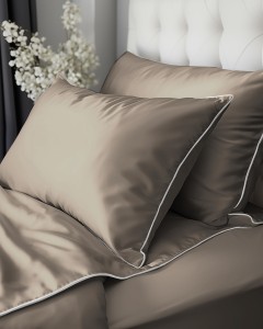 Pościel makosatyna 160x200 bawełna 100% taupe z jasną lamówką