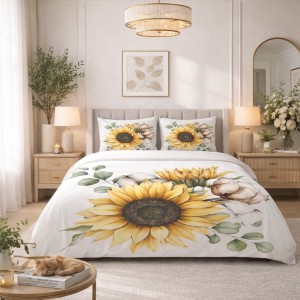 Pościel Satyna Bawełniana 160x200 Sunflower Bloom – Pościel w Słoneczniki i Eukaliptus