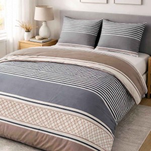 Pościel satynowa bawełniana 180x200 2x70x80 szara w pasy – 100% bawełna
