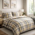 Pościel satynowa bawełniana 180x200 2x70x80 beżowo-szara w kratę – 100% bawełna