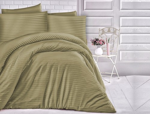Pościel jednobarwna Cizgili 160x200 - Olivie Green - Exclusive - oliwkowe - paseczki