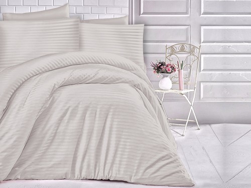  Pościel jednobarwna Cizgili 160x200 - Stone - Exclusive - popielato beżowe - paseczki 