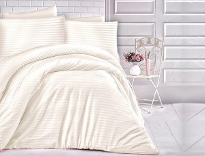 Pościel jednobarwna Cizgili 200x220 - Cream - Exclusive - kremowe paseczki   
